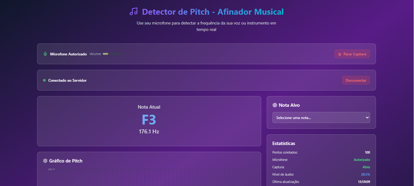Screenshot do Pitch Detector App - Interface do afinador musical